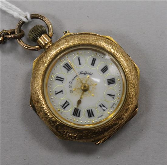 A 14K engraved gold and enamel ladies pocket watch, on gilt metal chain